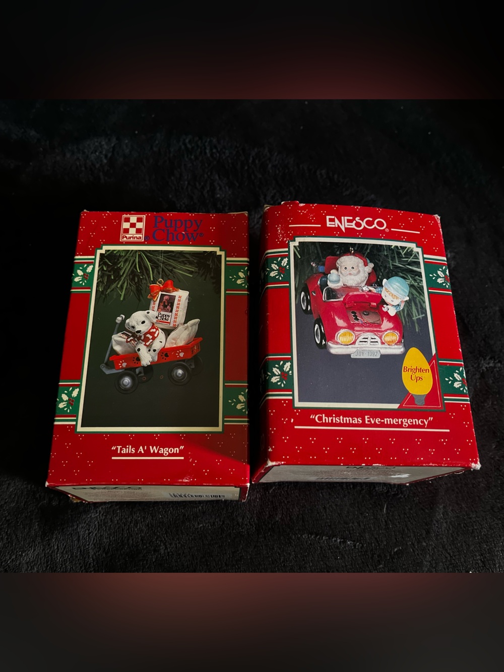 Enesco Treasury Christmas Ornaments “Tails a wagon” & “Christmas Eve Mergency